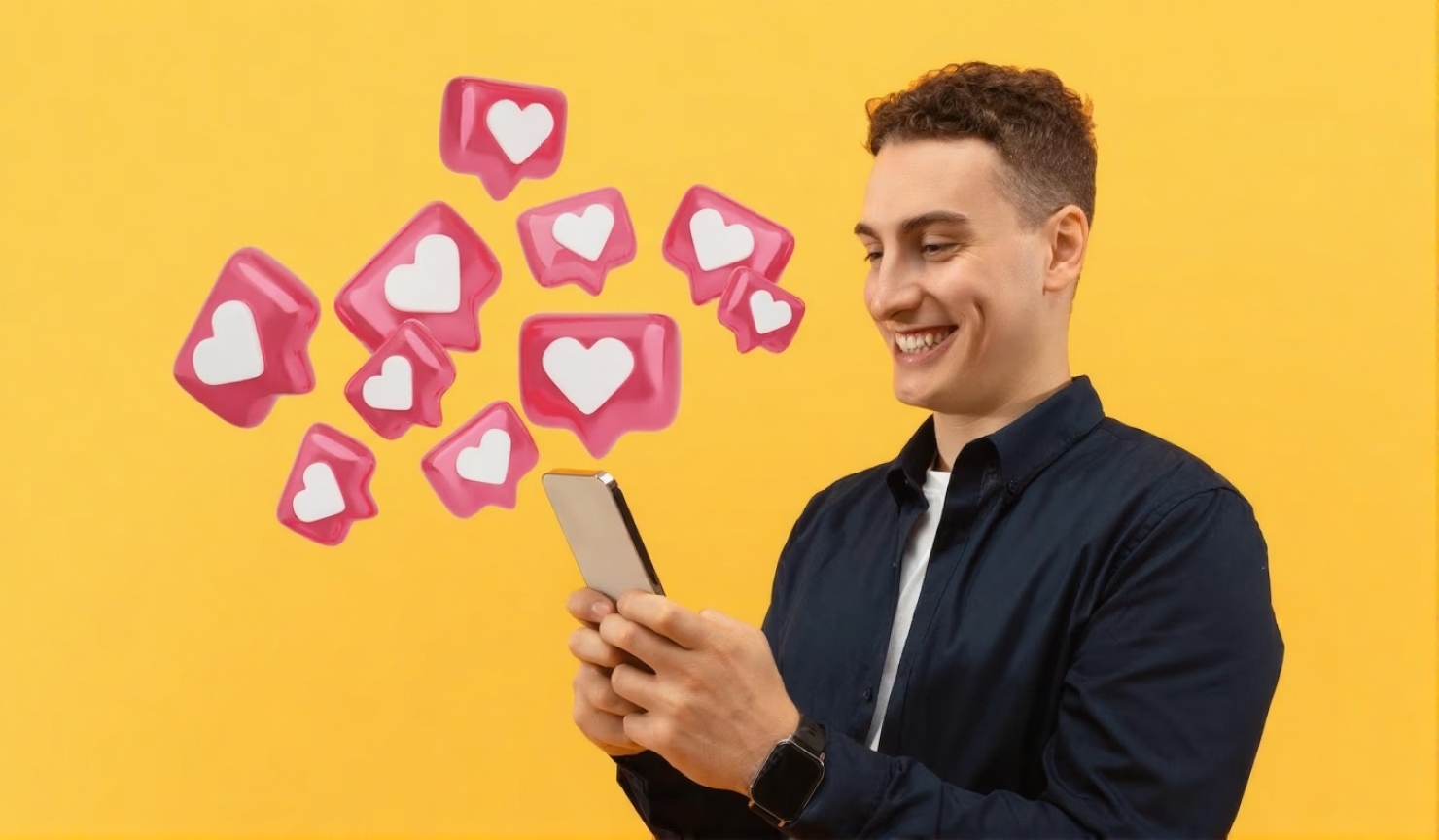 Смартфон с иконками социальных сетей и лайков